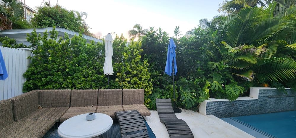 Lush garden and pool area with seating and umbrellas in a tropical setting.