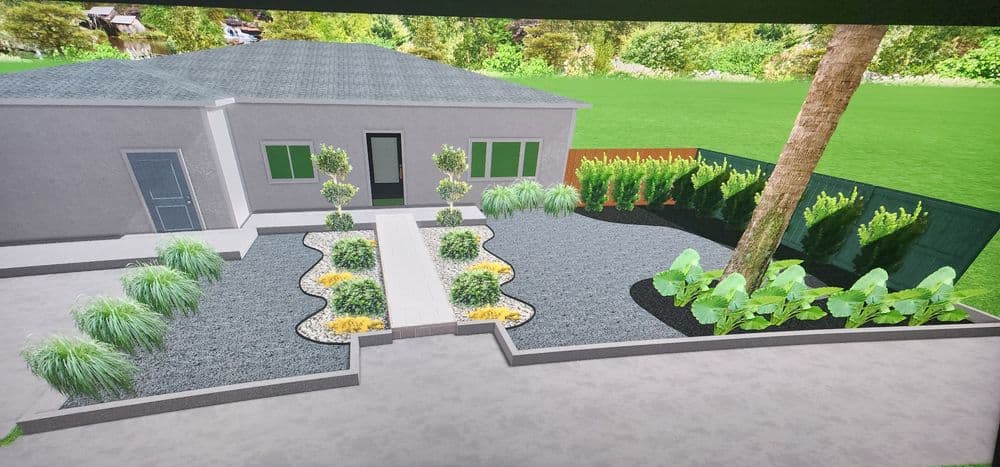 Modern landscape design featuring a home with a garden, pathways, and greenery.