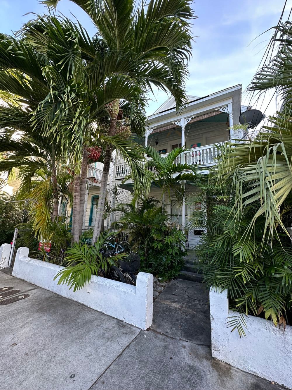 Victorian house surrounded by lush tropical plants on a sunny street.