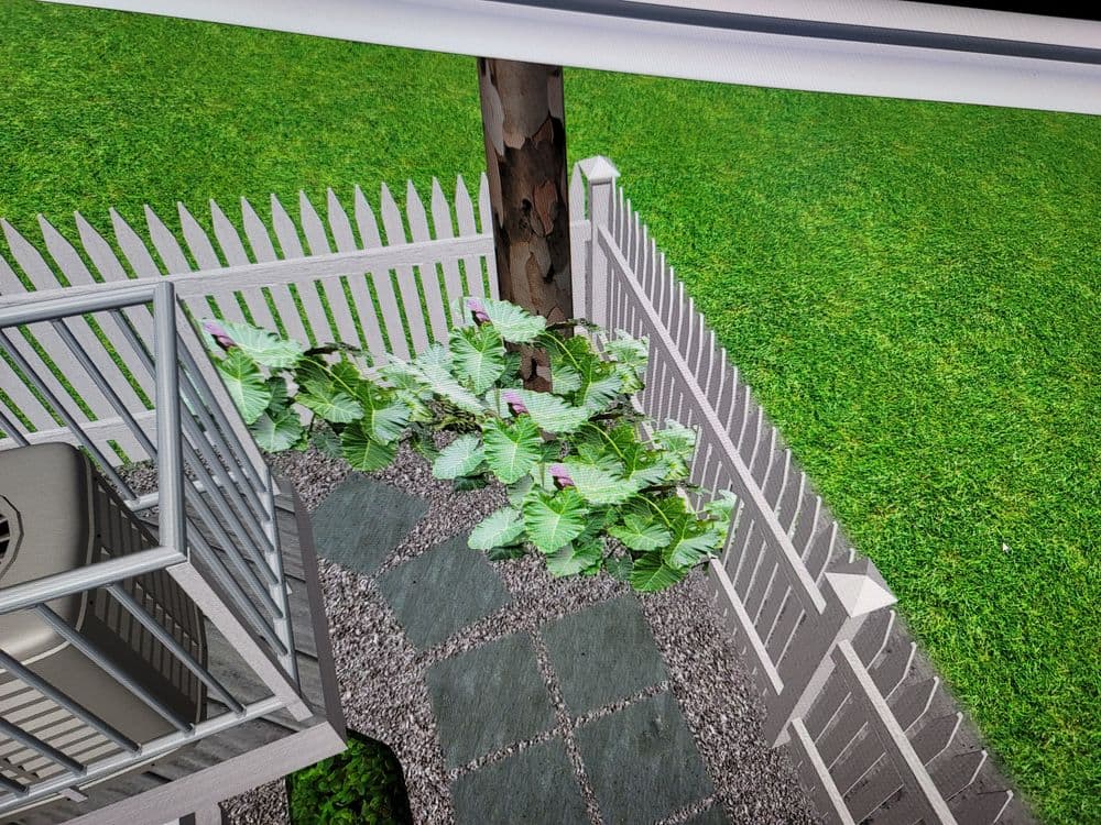 Lush greenery and foliage along a stone pathway near a white picket fence in a yard.