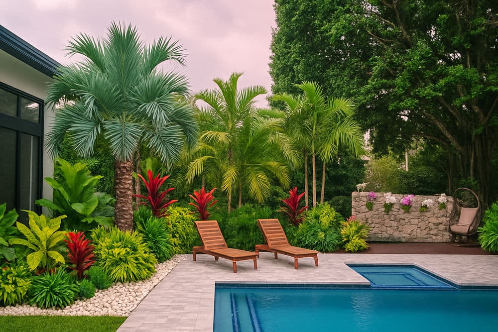 Tropical backyard oasis with pool, lounge chairs, and lush greenery including palm and flower plants.